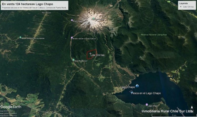 En venta 124 hectáreas en los faldeos del Volcán Calbuco, sector Lago Chapo, de Puerto Montt.